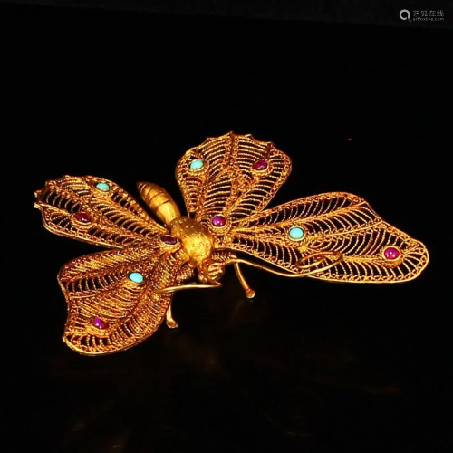 Vivid Gold Wires Inlay Turquoise & Gem Butterfly