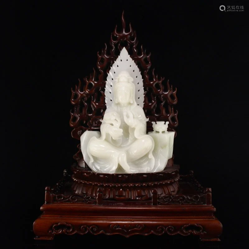 Qing Dy White Hetian Jade Kwan-Yin Statue w Zitan Wood Base