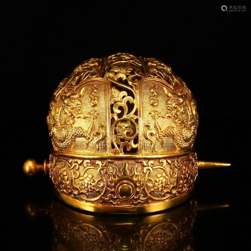 Chinese Gilt Gold Red Copper Inlay Gem Lucky Dragon Crown