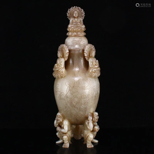 Superb High Relief Hetian Jade Buddha & Arhat Bottle