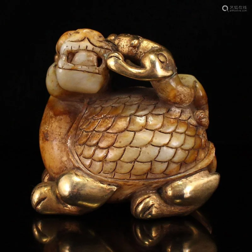 Superb Vintage Chinese Gilt Gold Hetian Jade Dragon Turtle S...