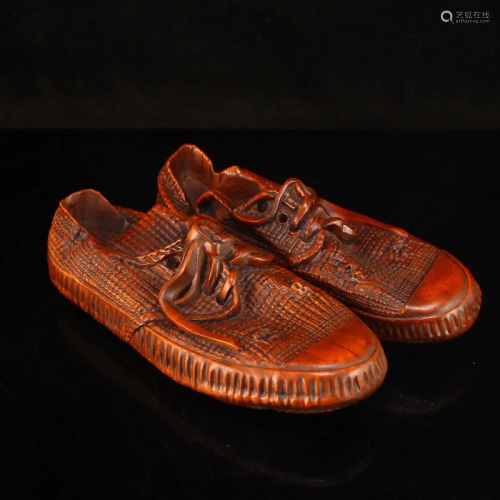 A Pair Chinese Boxwood Wood Carved Shoes Model Statue