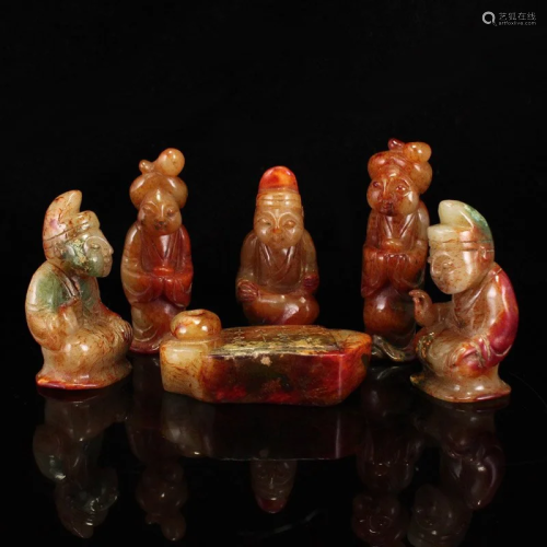 A Set Five Vintage Chinese Hetian Jade Figure Statues