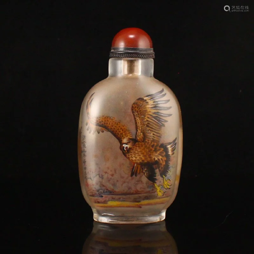 Peking Glass Inside Painting Eagle Snuff Bottle w Red Agate ...