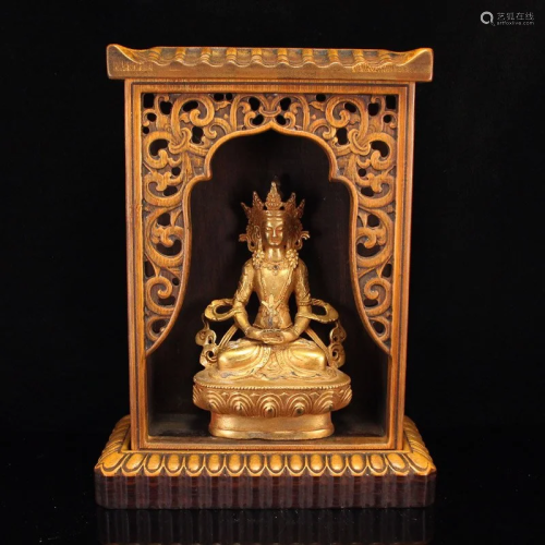 Gilt Gold Bronze Medicine Buddha Statue w Zitan Wood Inlay B...