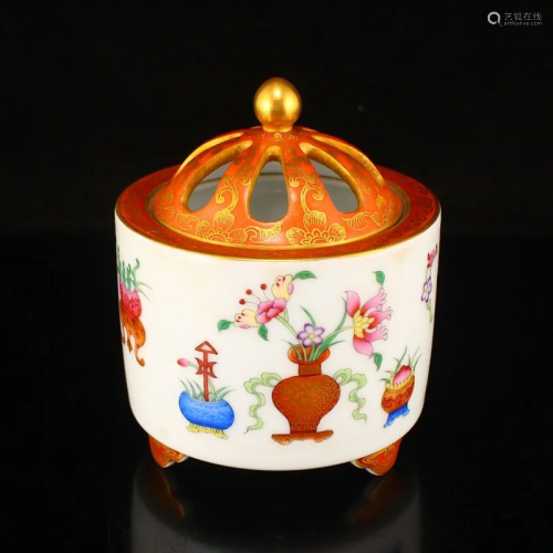 Chinese Gilt Gold Iron Red Glaze Porcelain Incense Burner