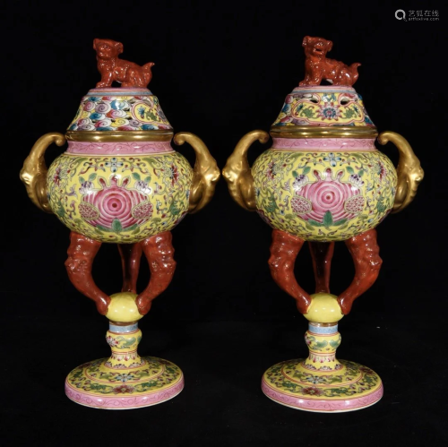 Pair Chinese Gilt Gold Enamel Lucky Lion Porcelain Incense B...