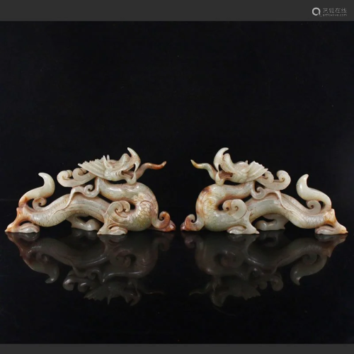 A Pair Vintage Chinese Hetian Jade Lucky Dragon Statue