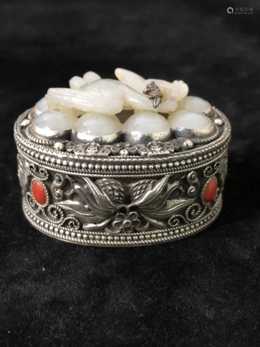 Vintage Chinese Pure Silver Inlay Hetian Jade Box