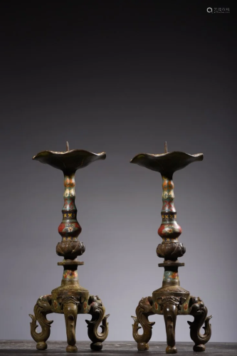 A Pair Chinese Red Copper Cloisonne Candlestick