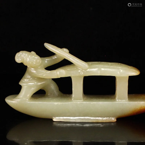 Vintage Chinese Hetian Jade Figure & Boat Statue