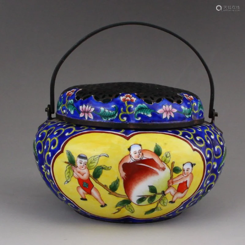 Chinese Red Copper Enamel Handwarmer w Qianlong Mark