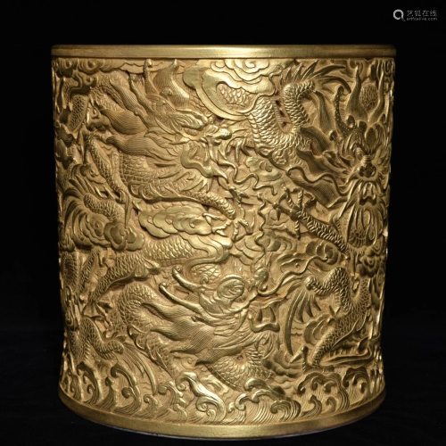 Low Relief Gilt Gold Nine Dragon Design Porcelain Big Brush ...