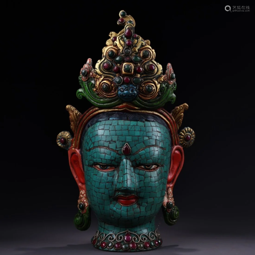 Gilt Gold Red Copper Inlay Turquoise & Gem Green Tara He...