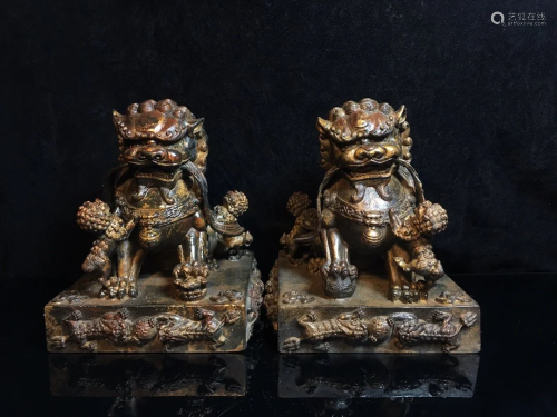 A Pair Vintage Chinese Red Copper Lucky Lion Statues