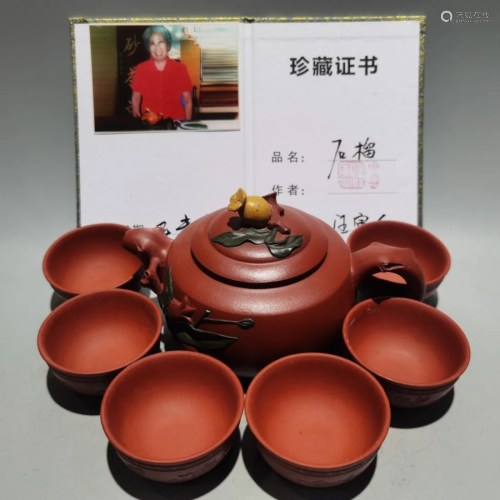 A Set Chinese Yixing Zisha Teapot & Cups w Artist Signed