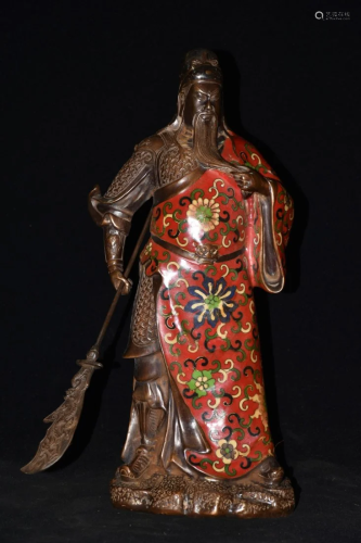 Vintage Red Copper Cloisonne Guangong Statue