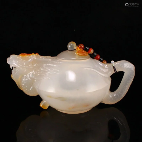 Hand Carved Natural Agate Dragon Head Teapot w Certificate