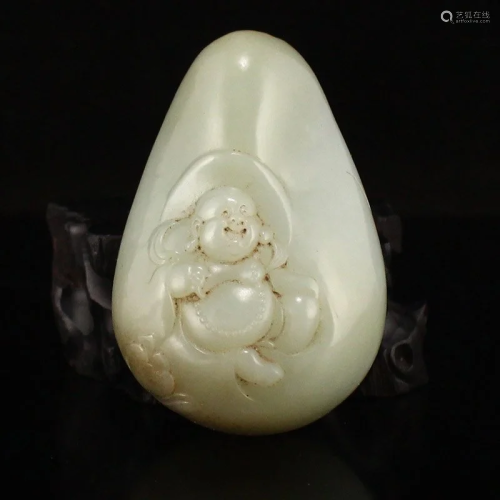 Vintage Chinese Hetian Jade Laughing Buddha Pendant
