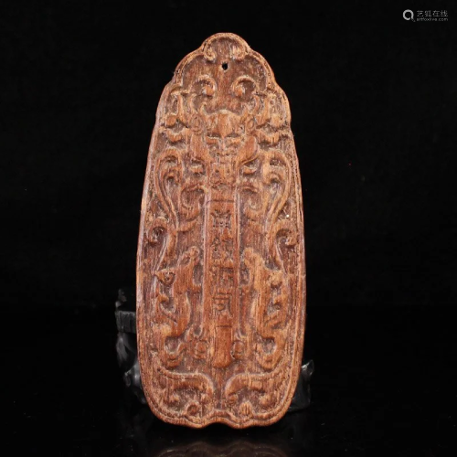 Vintage Chenxiang Wood Carved Chi Dragons Pendant