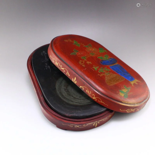 Vintage Poetic Prose Duan Inkstone With Lacquerware Box