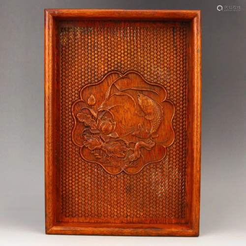 Vintage Zitan Wood Lotus Flower & Carp Design Tea Tray