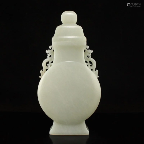 Superb Chinese Qing Dy Hetian Jade Double Ears Vase w Lid