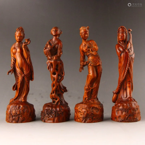 Four Boxwood Wood Beautiful Girl Statues