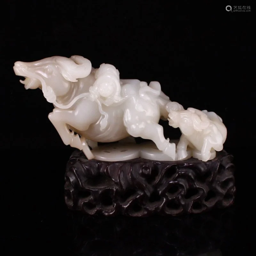 Superb Chinese Qing Dy Hetian Jade Fortune Ox & Kid Stat...