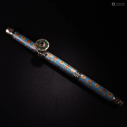 Vintage Chinese Red Copper Cloisonne Inlay Gem Tobacco Pipe