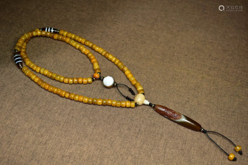 Vintage DZI Agate Dharma Pendant With Bone Beads Necklace