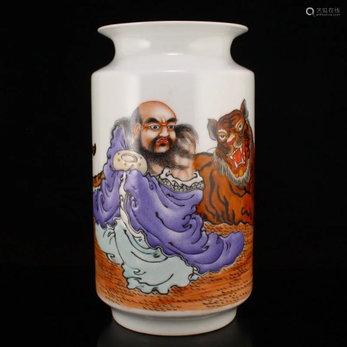 Chinese Famille Rose Buddhism Arhat & Tiger Porcelain Va...