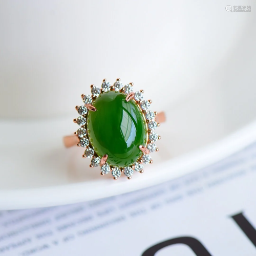Beautiful 925 Silver Inlay Green Hetian Jade Ring