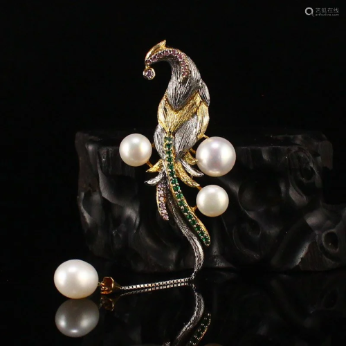 Exquisite Pure Silver & Pearl Peafowl Pendant w Certific...