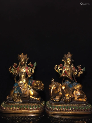 Chinese Gilt Gold Red Copper Statue - Manjusri bodhisattva &...
