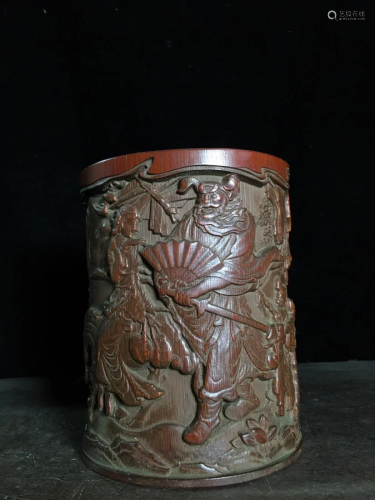 Chinese Bamboo Low Relief Brush Pot Carved Zhongkui