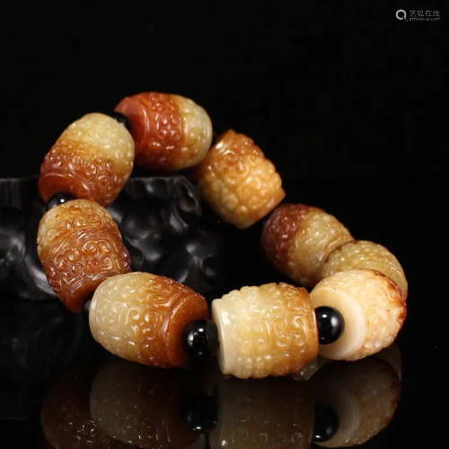 Vintage Chinese Hetian Jade Lucky Beads Bracelet