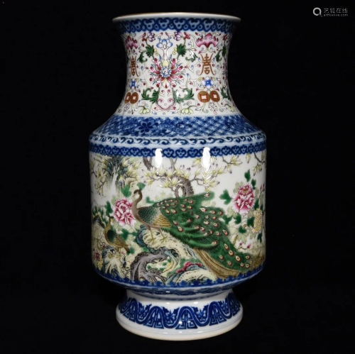 Chinese Famille Rose + Blue And White Porcelain Peacock Vase...