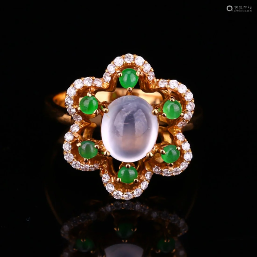 Top Quality 18K Gold Inlay Cabochon Icy Jadeite Natural Diam...