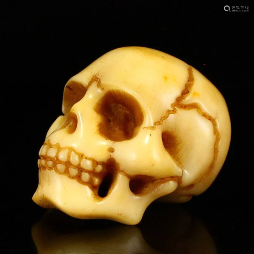 Vintage Bone Carved Skull Head Statue