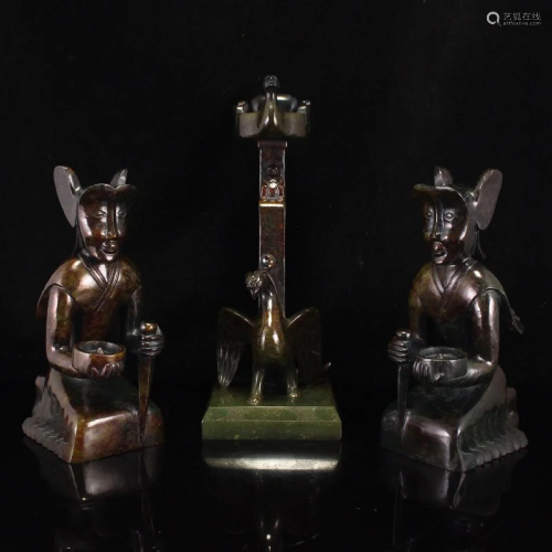 Vintage Chinese Hetian Jade Figure Candlesticks