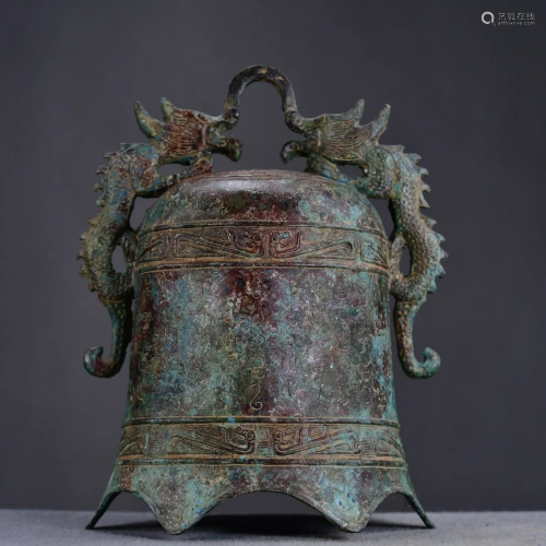 Vintage Chinese Bronze Double Dragon Bell w Poetic Prose