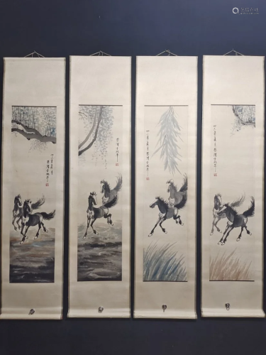 A Set Chinese Watercolour On Xuan Paper Horse Painting - Xub...