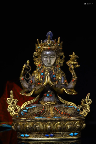 Vintage Gilt Gold Crystal Inlay Gem Buddhism Four Arm Kwan-Y...