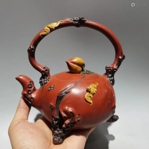 Superb Chinese Yixing Zisha Clay Handle Teapot w Peach &...