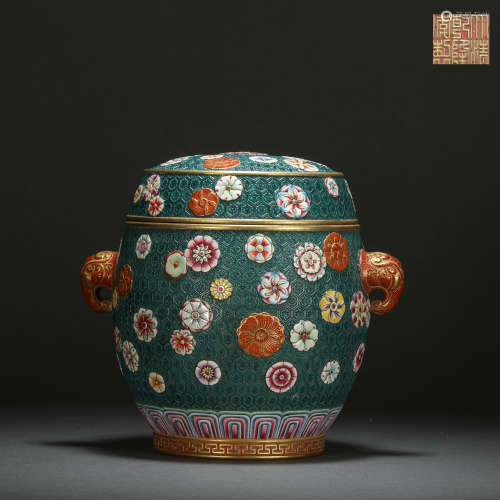 Qing Dynasty Enamel Color Leather Ball Flower Drum Lid Jar