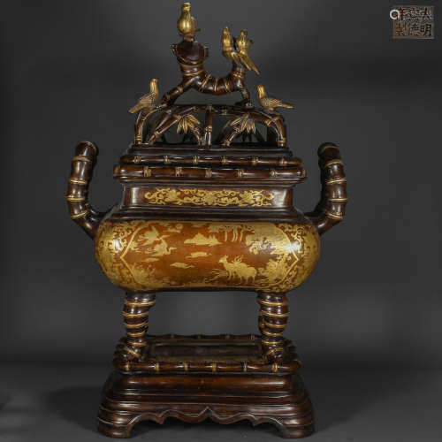 Qing Dynasty Gilt Bronze Square Furnace with Bamboo Festival...