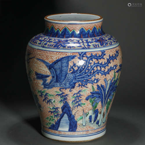 Qing Dynasty red and blue unicorn phoenix jar