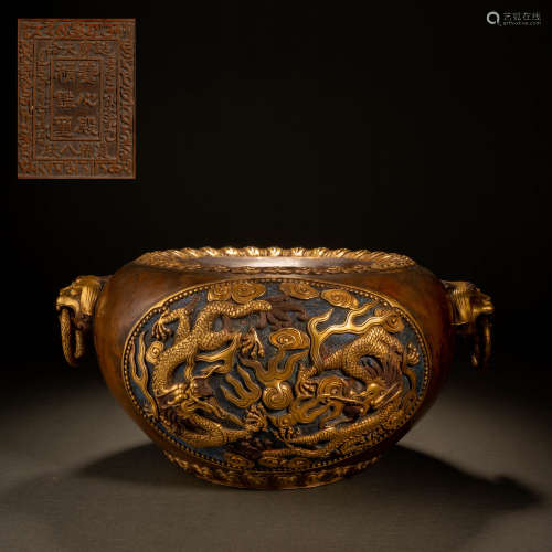 Ming Dynasty Gilt Bronze Bowl Furnace with Dragon Pattern