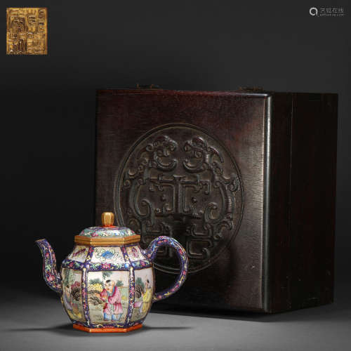 Qing dynasty enamel colored baby play picture purple clay po...